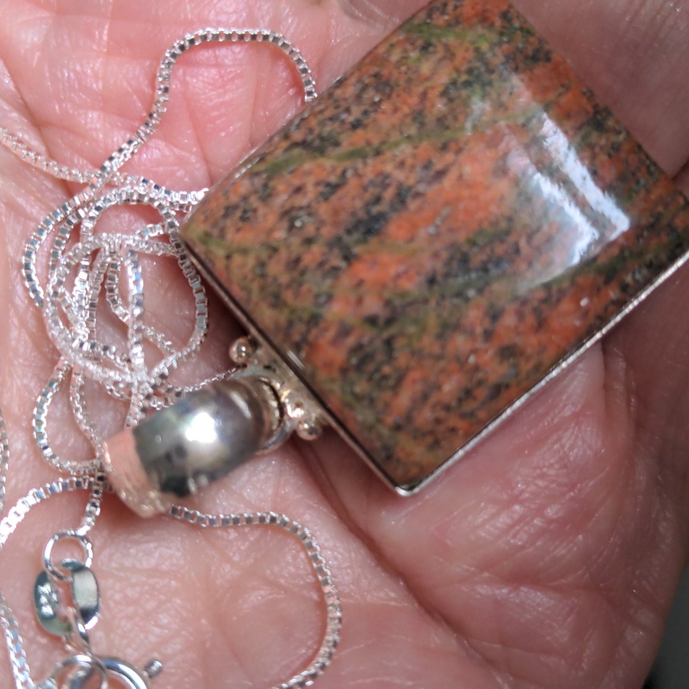 Unakite Sterling Silver Pendant Necklace. New, Forest Green & Orange, Genuine